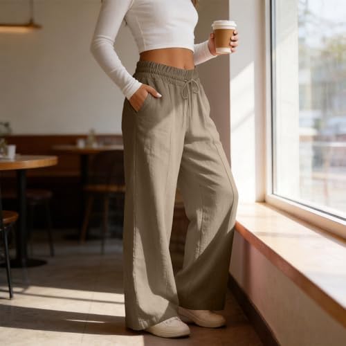 Rseomihvy Women's Cotton Linen Pants Summer Straight Wide Leg Trousers Drawstring Elastic Waist Loose Beach Vacation Outfits Khaki — view 4