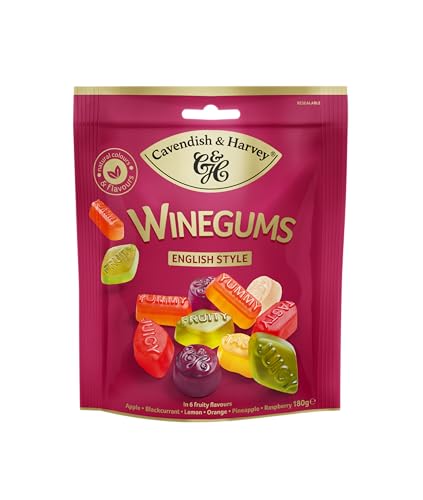 Cavendish & Harvey Winegums 180g English Style | Zitrone Orange Apfel Himbeere Schwarze Johannisbeere Ananas | Fruchtige Weingummi | Glutenfrei | 1 x 180g