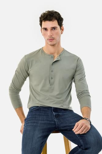 Image of SNITCH Men's T-Shirt | Regular Fit Henley Neck Full Sleeve Solid Pattern | Stretchable Rayon Cotton Spandex Blend Breathable Fabric for Casual & Everyday Wear