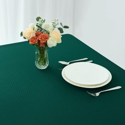 Image of maxmill Rectangle Christmas Tablecloth Weaved Texture Waterproof Spillproof Wrinkle Free Table Cloth, Kitchen Dining Room Decoration, Holiday Party, Banquet Event Dinner, 52 x 70 Inch, Hunter Green