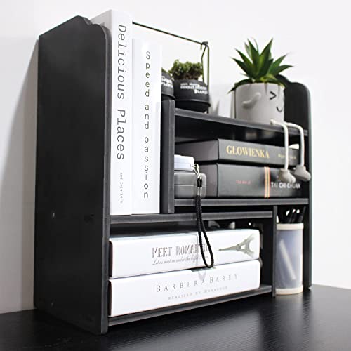 Image of YGYQZ Adjustable PVC Desktop Organizer Storage Rack - Black Desk Shelf for Office, Women, Dormitory & Home Decor