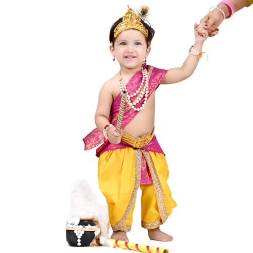 Image of ITSMYCOSTUME Krishna Dress for Baby Boy Kids Set of 10(Dhoti,Hip Cover,Patka,Mukut,Morpankh,Bansuri,Kamarband,Bajuband,Kundal) Little Krishna Ji Kanha Janmasthmi Costume
