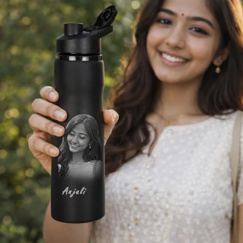 Image of Customized 1000ml Stainless Steel Water Bottle with Name & Photo Engraving | Personalized Leakproof Bottle for Office, Gym & Travel |Unique Gift for Men & Women (Black-1 750 ML)