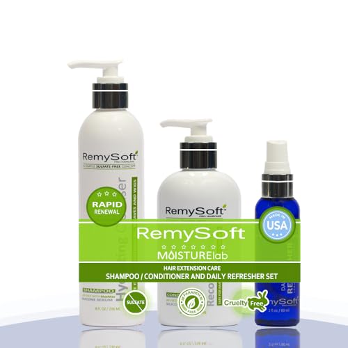 RemySoft Moisturelab Rapid Renewal System - Safe for Hair Extensions, Weaves and Wigs - Salon Formula Shampoo, Conditioner & Leave-In Conditioner - Gentle Sulfate-free Lather