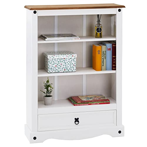 IDIMEX Bibliothèque Campo étagère en Bois Style Mexicain avec 2 tablettes et 1 tiroir, en pin Massif lasuré Blanc et Brun