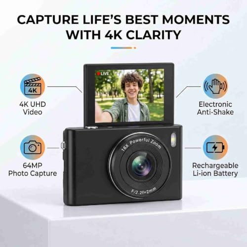 Cámara Digital 4K 64MP con Pantalla Flip 180° y Zoom 16X miniatura 4