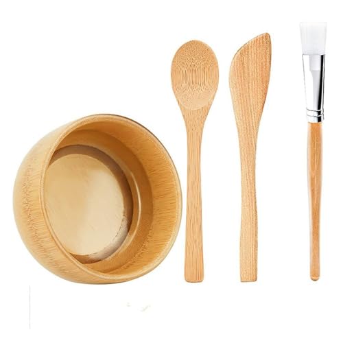 Juego de cuencos para mezclar mascarillas faciales, bambú, 4 piezas, kit de herramientas de mezcla de máscaras faciales con cuenco de madera, cuchara espátula, aplicador de cepillo crema (4 piezas