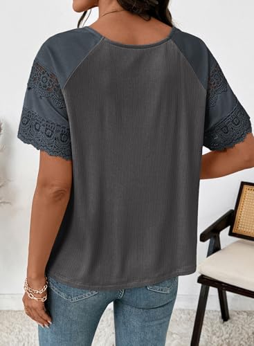 Image of EVALESS Womens Summer Tops Dressy Casual Spring Ribbed Texture Embroidery Short Sleeve Crewneck T Shirts