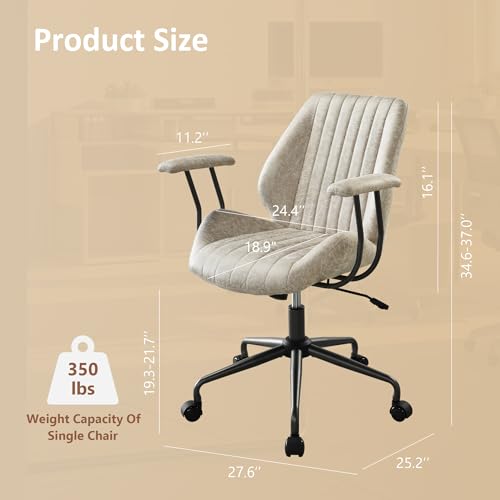 Image of Mid Back Home Office Chair, Mid Century Modern Executive Chair, Comfy Ergonomic Rolling Office Desk Chair with Lumbar Support, Faux Leather Office Chair, Beige
