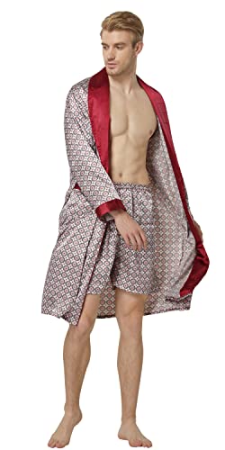Image of TONY AND CANDICE Men's Satin Robe Lightweight Long Sleeve Silk Kimono Bathrobe with Shorts Set Sleepwear