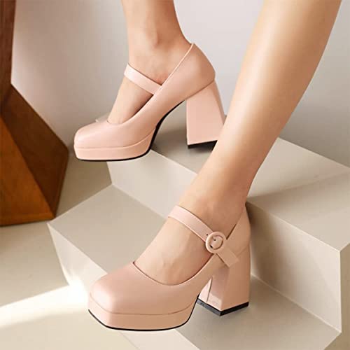 Mary Jane Shoes Women Square Toe High Heel Platform Pumps Patent Leather Punk Ankle Buckle Dress Shoes (Color : Pink, Size : 6.5-7 US)3