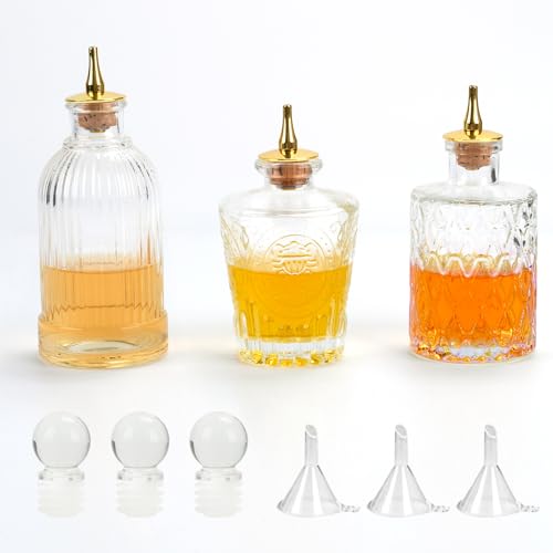 BSDLZCH Liquor Decanters Vintage Glasflasche 3 Stück mit Metall Ausgießer und Verschlussstopfen, Kaffeesirup Spender für Kaffee Bar, Cocktail Making Kit &Oil Dispenser