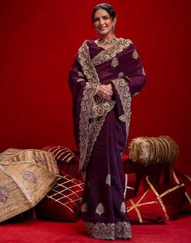 Image of SIRIL Women's Shimmer Chiffon Sequence Embroidery Saree With Unstitched Blouse Piece for Wedding and Parties