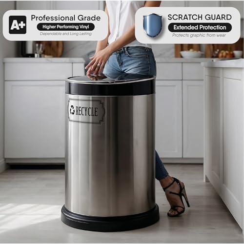 Image of Recycle and Trash Stickers for Garbage Cans - Black Premium Clear Vinyl Recycling Bin Labels - Large 4 Pack - 10 inch by 4.25 inch Decals Logo - Waste Signs for Home Kitchen or Office Bins Indoor /Outdoor Use