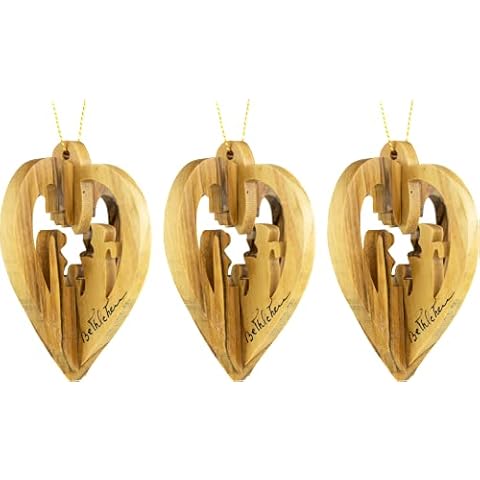 Holy Family Heart Nativity, 3D Olive Wood Christmas Ornaments from Israel, Bulk Pack of 3, Wooden Hanging Seasonal Décor for Christmas Tree, Religious Holiday Decorations, Made in Holy Land, Bethlehem Cover