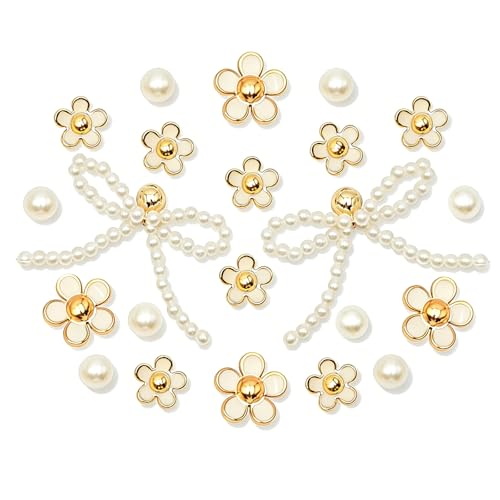 Eooberr 22Pcs Gold Bling Pearl Bow Shoe Charms for Sandals Women Acrylic Flowers Pearl Accessories DIY Shoe Decoration Charms for Girls