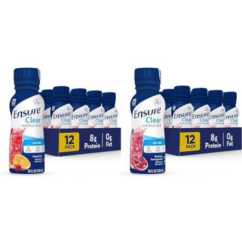 Ensure Clear Nutrition Drink, 0g Fat, 8g Protein, Mixed Fruit & Blueberry Pomegranate Flavors, 10 Fl Oz, Pack of 12