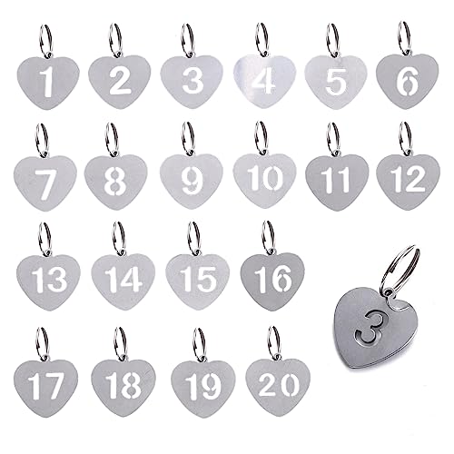 Qusmeiyici Stainless Steel Key Tags, 20pcs Numbered Tags with Labels, Heart Shape Keychains for Dormitory Keys, House Lockers, Luggage, Bags Organizing