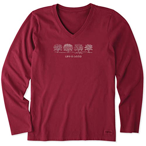 Life is Good Women's Long Sleeve Crusher Vee Four Seasons Tree, Cranberry Red - M