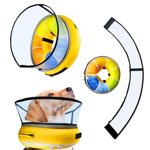 Image of Ovatt PVC inflatable pet collar for small medium and large dogs after surgery ,Washable Dog Cone Collar w /Removable Hard Cone for Dogs After Surgery (Orange, L)