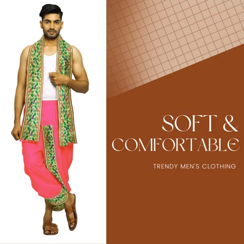 Image of Rameshwaram Fabrics Readymade Dhoti for Men, Velcro Style Stitched Mens Silk Dhoti Pant with Stole Set