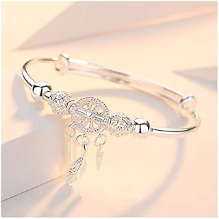 Ladies bracelet Adjustable 925 Sterling Silver Dream Catcher Tassel Feather Round Bead Charm Bracelet Bangle For Women Elegant Jewelry Well-designed, (Color : Silver)