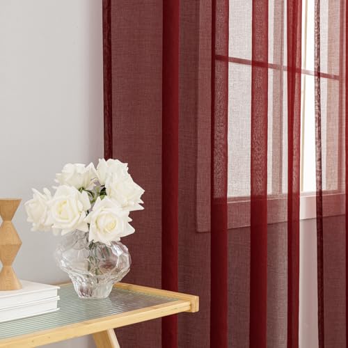 Image of Burgundy Sheer Curtains - 2 Panel Sets, 90 Inches Long, Rod Pocket, for Bedroom & Living Room