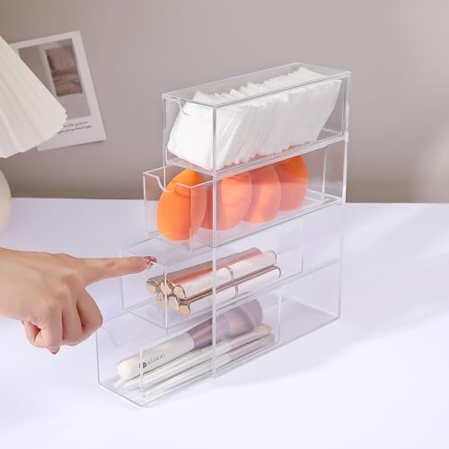 MOTDWKYD Acrylic Stackable Drawer Organizer with 4 Clear Drawers for Bathroom & Vanity Makeup Storage