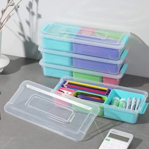 Image of 4 Pack Small Plastic Storage Organization Container with Dividers Removable Tray with Latch, Craft Storage Box, Snack Organizer is suitable for holding chocolates, cookies, paint brushes, puzzles