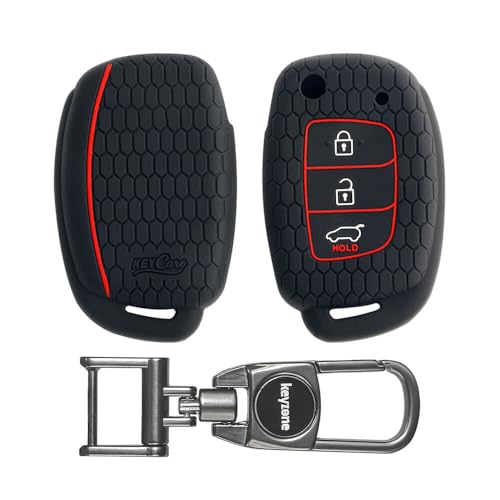 Image of Keyzone Silicone Key Cover for Hyundai Creta, Venue, Tucson, Alcazar, i20, Xcent, Aura, Elite i20, Active i20, Grand i10 flip Keys (Black with MAH Key Holder)