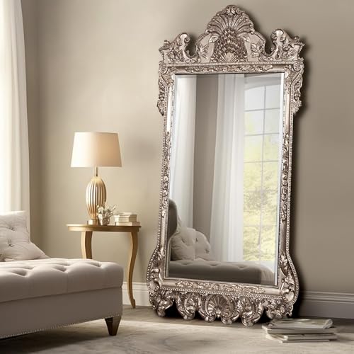 Image of Howard Elliott Collection Marquette Antique Oversized Full Length Mirror, Ornate Full Body Standing Floor Mirror, Large Leaning Wall Mirror for Bedroom & Living Room, Silver Leaf, 49 x 84 x 3 Inch