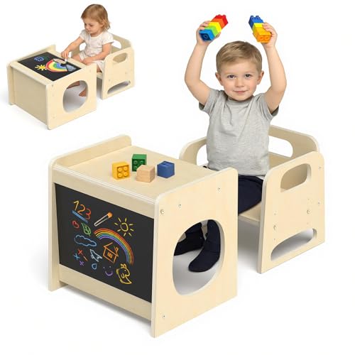 GVOO Montessori Weaning Table and Chair Set 3 Adjustable Height Toddler Table and Chair Set with Drawing Board for Eating Playing and Reading Baby Proofing Design Gifts for Kids