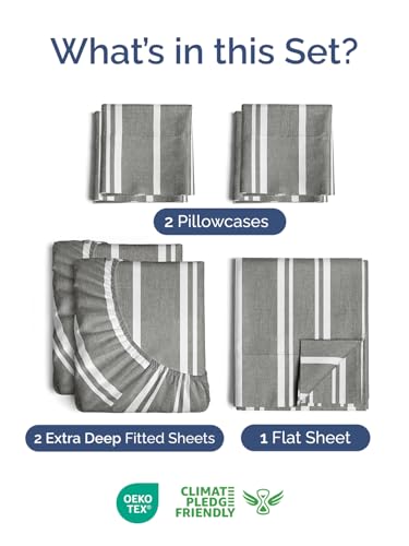 Image of Extra Deep Split King Sheet Set - 7 Piece Cooling Bed Sheets - Grey Stripes | Hotel Luxury Bed Sheets Set, Easy & Secure Fit, Ultra-Soft, Wrinkle & Fade Free, Comfy Sheets Set with Extra Deep Pockets