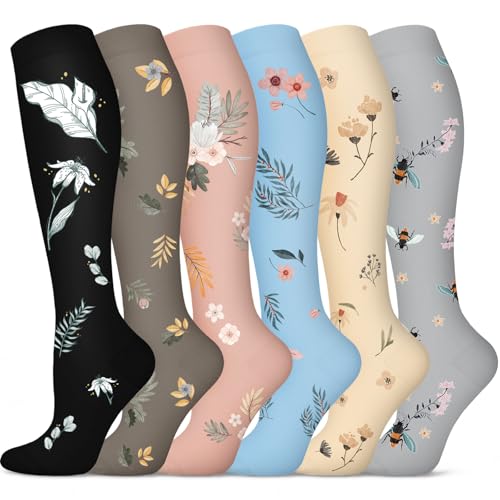 6 Pairs Cute Compression Socks for Nurses, Women & Men, Colorful Patterns for Long Shifts, Reduce Fatigue & Swelling, Multi-Pack Gift for All-day Standing Healthcare Workers(Pink Flowers Series,L-XL)