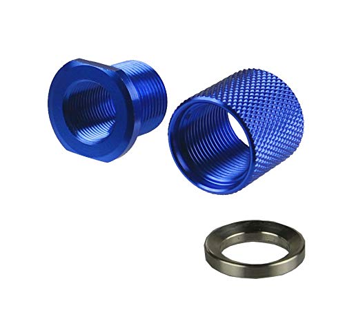 TWP 1/2-28 TPI Thread Protector with 5/8-24 TPI Outside Thread, 1/2x28 TPI to 5/8x24 TPI Convertor. + 5/8x24 TPI Thread Protector and a Crush Washer, Aluminum Blue