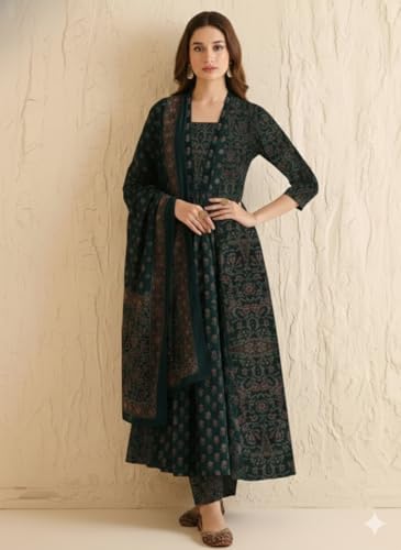 Image of ANNI Designer Women's Viscose Printed A-Line Kurta Set with Pant and Dupatta | Ethnic Wear Dress | V-Neck | 3 /4 Sleeve Indian Traditional Outfit for Women