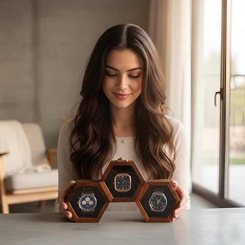 Image of Vintage Wooden Watch Box for Men, Timepiece Display Case, Honeycomb Watch Storage & Organizer, Jewlery Box for Women, Anniversary Gift For Husband (3 Compartments)