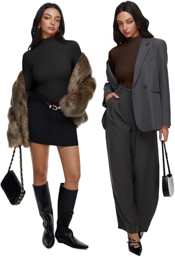Image of REORIA Women's Turtleneck Tops Slim Basic Mock Neck Long Sleeve Shirts 2025 Fall Winter Layering Outfits