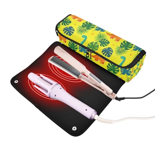 Estuche de viaje 2 en 1 para rizadores y planchas de pelo con tapete resistente al calor y doble capa con cierre, diseño Tropical Dino amarillo miniatura 2