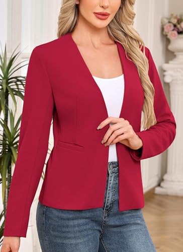 Women's Casual Stretchy Knit Blazer Lightweight Slim Fit Jackets Long Sleeve Business Suit with Pockets Red 5