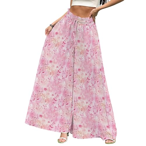 ZOCAVIA Women's Boho Wide Leg Pants 2025 Summer Smocked Waist Floral Palazzo Pants Flowy Lounge Pants Beach Trousers Pockets