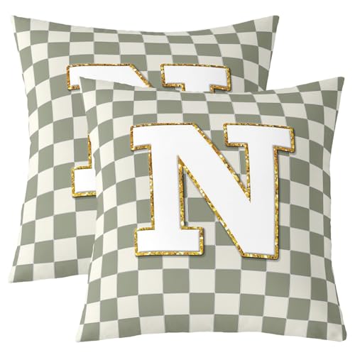 Image of Erosebridal Sage Green Checkered Throw Pillow Covers 18x18 Set of 2 Plaid Initial N Pillow Covers Personalized Monogram Cushion Cover Fashion Grids Gingham Pillow Cases for Couch Sofa