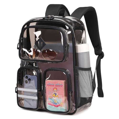Clear Backpacks for School Heavy Duty Clear Bookbag Stadium Events Transparent Back Pack Girls Boys, Black Semitransparent