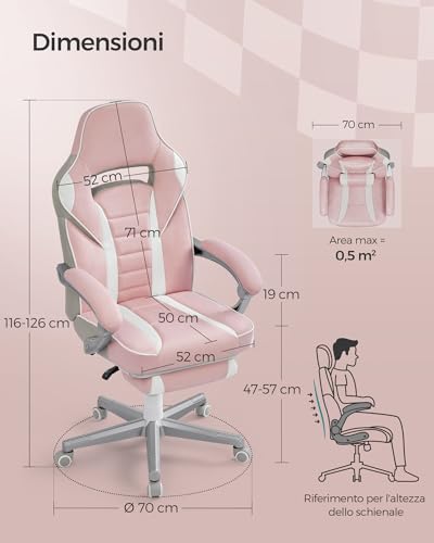 SONGMICS Sedia da Ufficio, Poltrona Racing Ergonomica, Poggiapiedi Telescopico, Schienale Inclinabile, Poggiatesta e Supporto Lombare, Portante di 150 kg, Rosa Gelatina e Bianco Crema OBG073P01 - Immagine 2