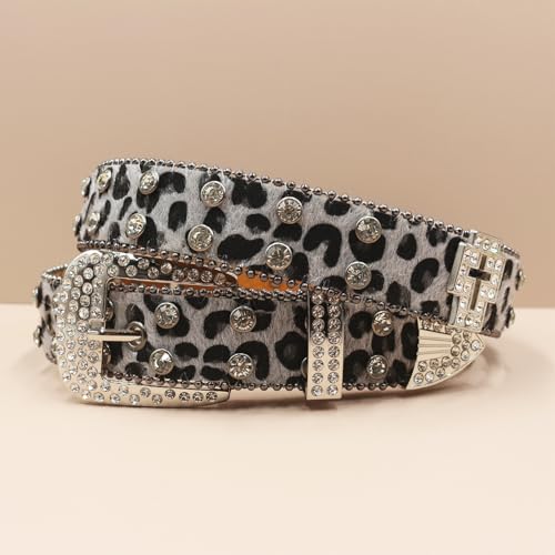 Leopard Print Cross Belt for Men – Stylish Rhinestone-Studded Waist Strap Accessory, Perfect for Jeans and Casual Wear(125cm/49, Gray)2