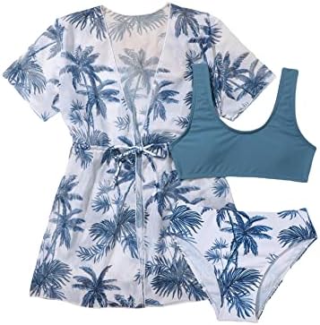 OYOANGLE Girl's 3 Piece Sunflower Print Swimsuit Criss Cross Bikini Bathing Suit with Cover Up Blue White Tropical 9Y