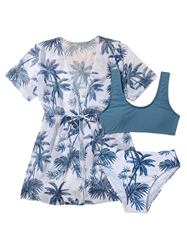 Oyoangle Girl's 3 Piece Sunflower Print Swimsuit Criss Cross Bikini Bathing Suit With Cover Up Blue White Tropical 9Y #TOP3