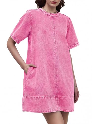 Image of LifeShe Denim Dress for Women Summer Casual Short Sleeve Chambray Mini Jean Dresses with Pockets