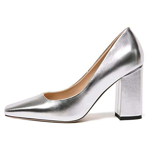 FOGEENA Womens Casual Square Toe Business Slip On Matte Leather Block High Heel Pumps Shoes 3.34 Inch2