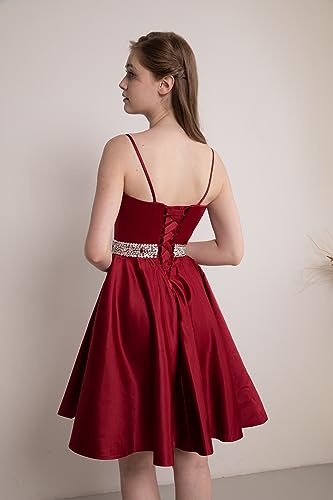 Satin Homecoming Dresses 2025 Spaghetti Straps Short Prom Dresses V-Neck Beaded Evening Formal Party Gowns2